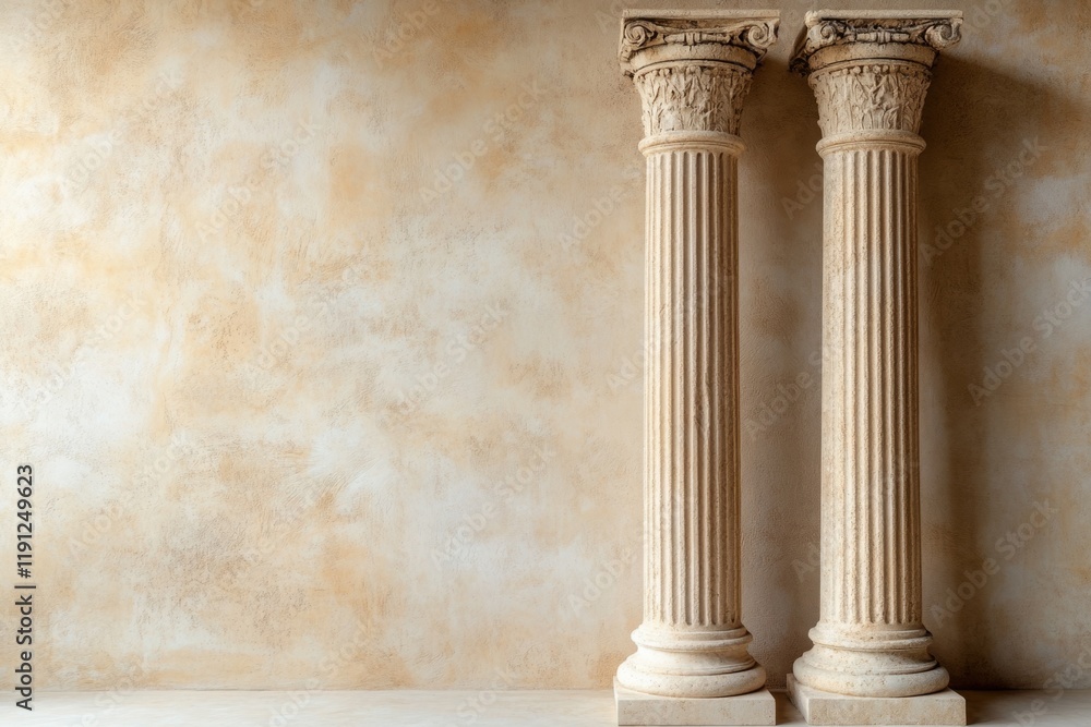 Poster classic fluted columns with ornate capitals stand against a textured wall, evoking ancient architect