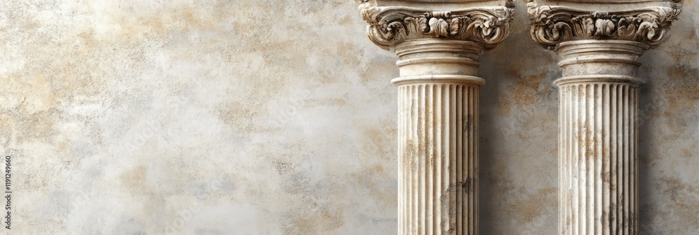 Poster two weathered corinthian columns standing against an old textured wall, showcasing classical archite