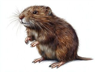 Eastern Water Vole (Arvicola amphibius) - A biologically accurate hand-drawn illustration featuring its dark brown fur, blunt snout, and strong claws, isolated on white