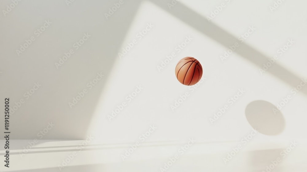 Aufkleber single basketball is levitating in a minimalist white room, illuminated by natural light from a wind