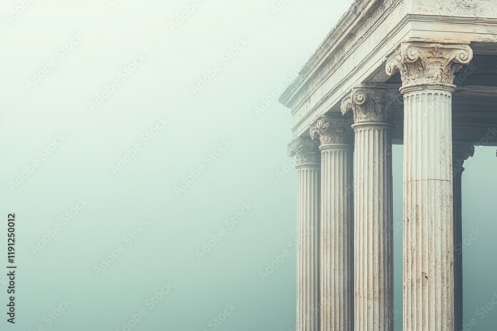 Poster ionic columns of an ancient greek temple emerging from a mysterious fog, creating a dramatic and evo