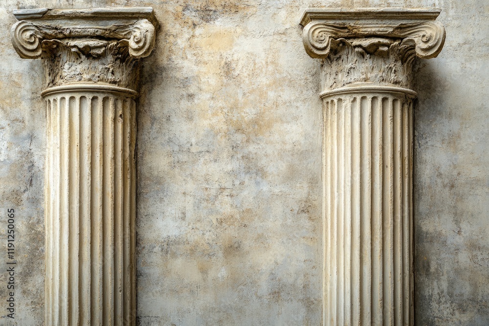 Poster fluted ionic columns supporting an old weathered wall, evoking classical architecture and history