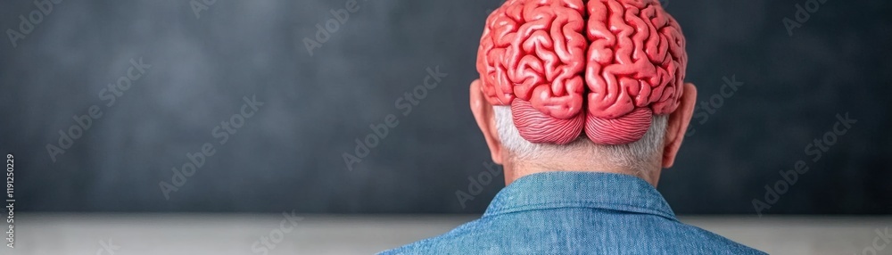 Poster human brain model displayed on a person's head from the back in a studio setting representing mental