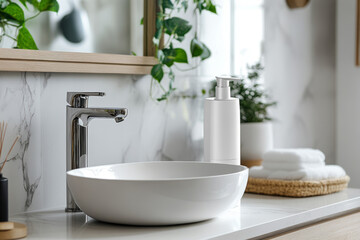 Fototapeta premium White soap dispenser stands next to a sink in a modern and minimalist bathroom