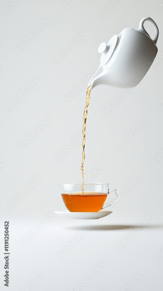 Poster pouring tea from a white teapot into a clear glass cup and saucer against a white background, creati