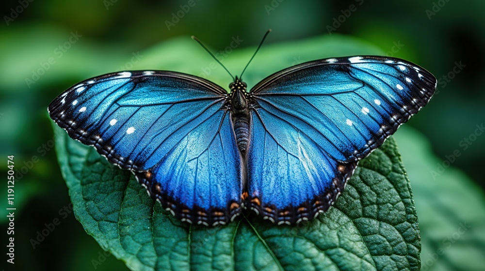 Poster Vibrant blue morpho butterfly with spread wings perched on a green leaf.