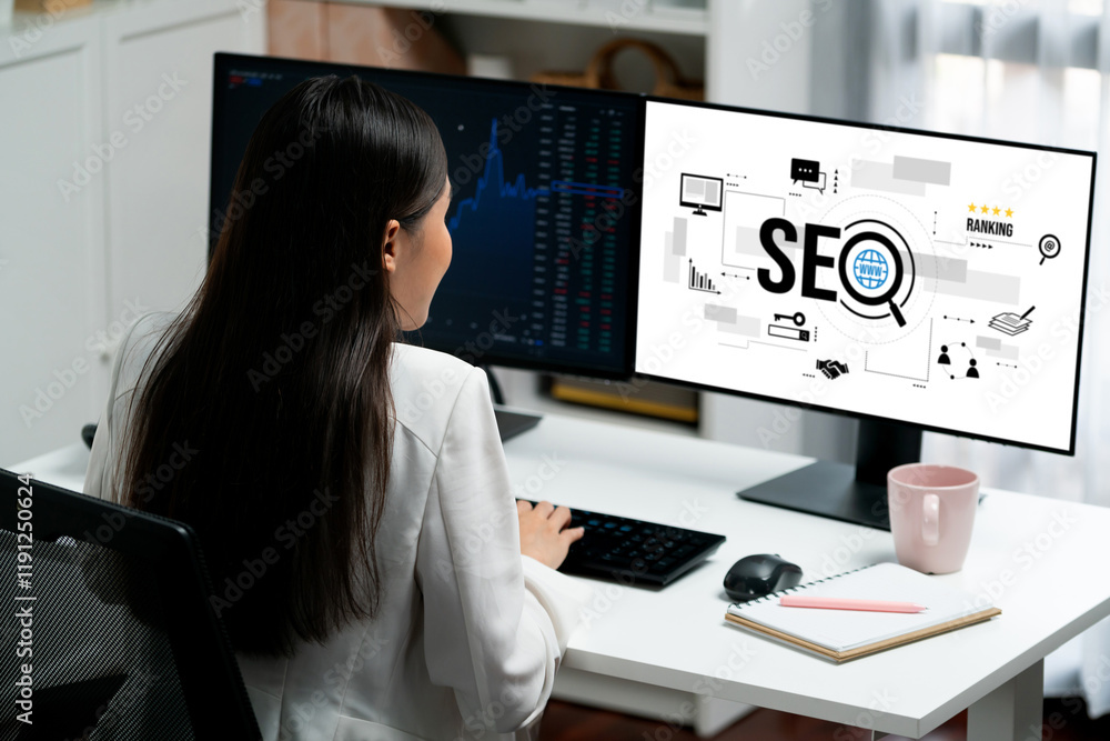 Poster seo search engine optimization for brisk e-commerce and online retail business showing on computer s