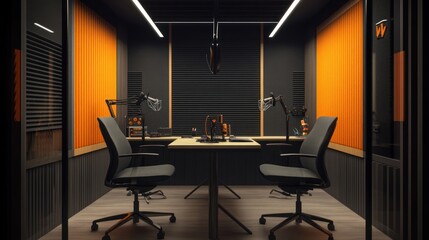 Studio booth with mics, two chairs, black walls, lit from above, orange panels, glass walls