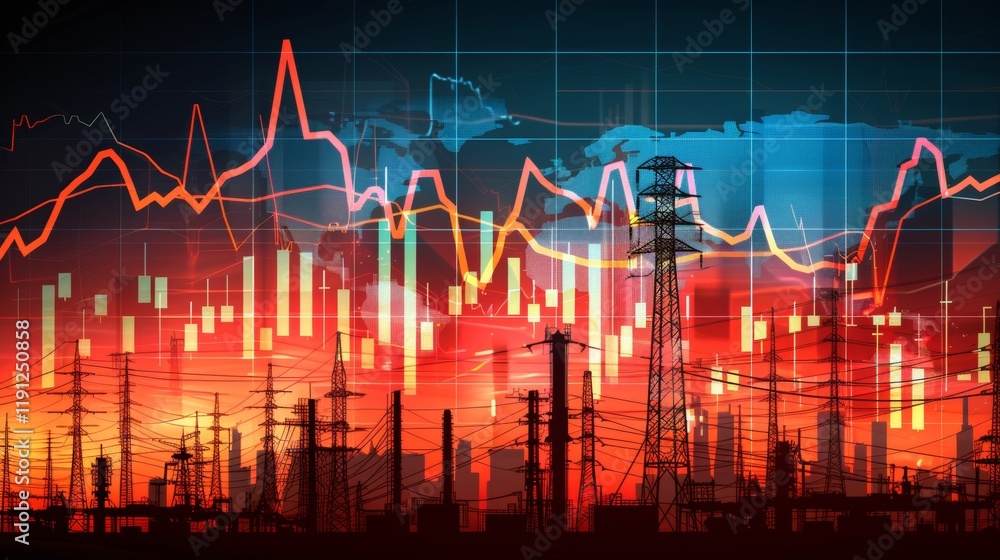 Poster dynamic stock market graph featuring energy symbols in accordion style against power line background