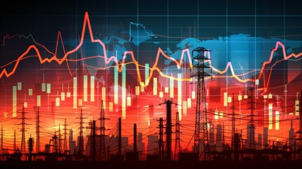 Dynamic stock market graph featuring energy symbols in accordion style against power line background