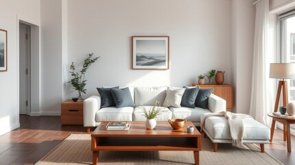 Scandinavian-inspired living room interior design with light oak flooring, white walls, a beige sofa, and minimalist decor, creating a cozy and serene environment.
