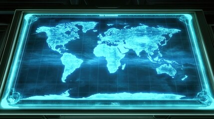 Futuristic Digital World Map Display with Blue Glowing Effects