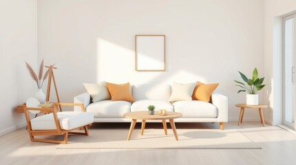 Scandinavian-inspired living room interior design with light oak flooring, white walls, a beige sofa, and minimalist decor, creating a cozy and serene environment.
