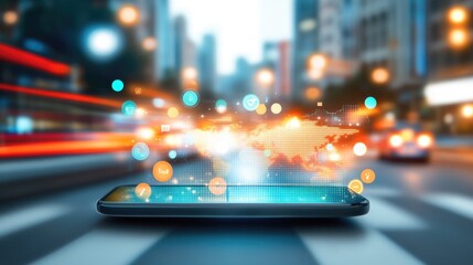 Modern Smartphone with Digital Overlay in Urban Environment