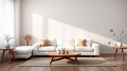 Scandinavian-inspired living room interior design with light oak flooring, white walls, a beige sofa, and minimalist decor, creating a cozy and serene environment.
