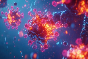 Fototapeta premium Visual representation of antibodies targeting glowing viruses in a dynamic cellular environment. Generative AI