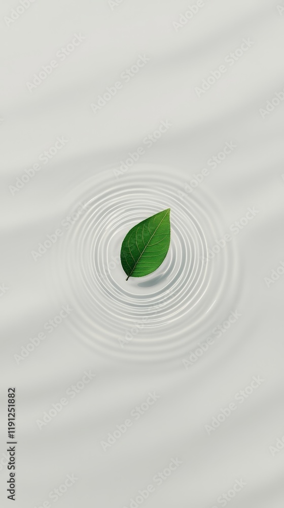Poster green leaf gently floating on a calm water surface, creating perfect concentric ripples, suggesting 