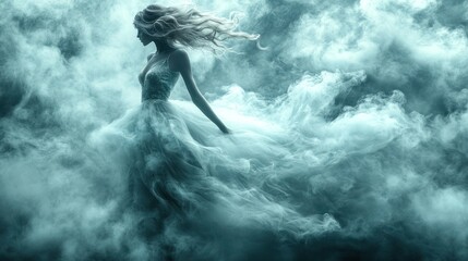Woman in flowing dress amidst ethereal teal smoke.