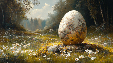Easter egg on stone natural background symbolizing spring and renewal for spring celebration.