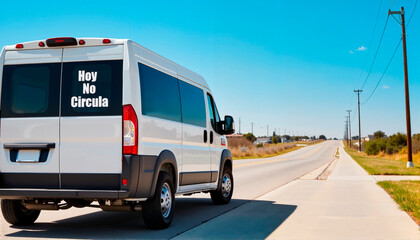 Van with "Hoy No Circula" sign on open road, Traffic restrictions
