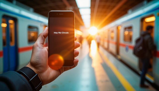 Person holding smartphone with 'Hoy No Circula' message at subway station, Traffic restrictions - Powered by Adobe