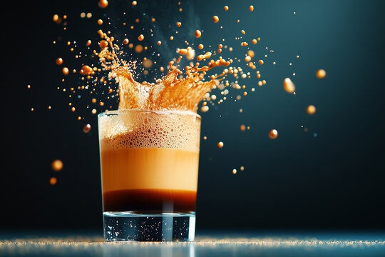 Coffee latte flowing with frothy bubbles splashing into a glass at a cozy cafe during morning hours