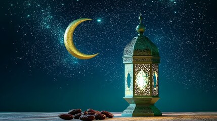 Elegant Golden Lantern Under Crescent Moon with Starry Night Sky
