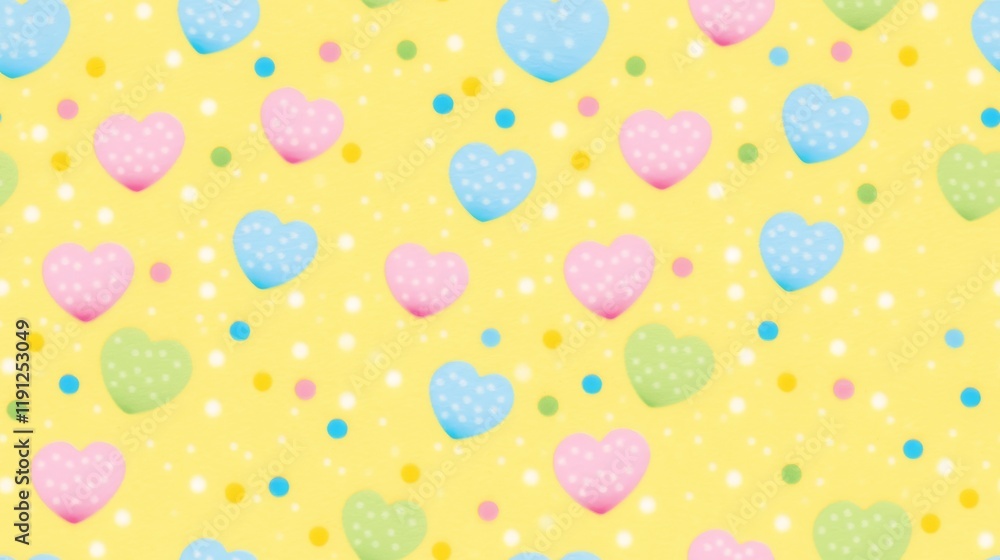 Poster cute seamless pattern with colorful hearts and dots on yellow background