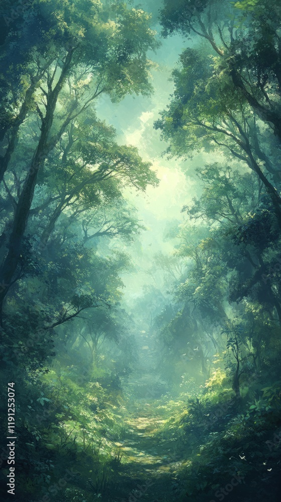 Poster foggy path extending through a dense, vibrant green forest, creating a serene and mysterious atmosph
