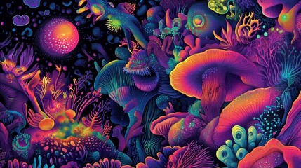 Obraz premium Vibrant Psychedelic Underwater Fungi And Coral Scene