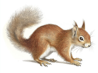 Obraz premium Red Squirrel (Sciurus vulgaris) - A detailed hand-drawn illustration showcasing its bushy tail, pointed ears with tufts, and reddish-brown fur, isolated on white