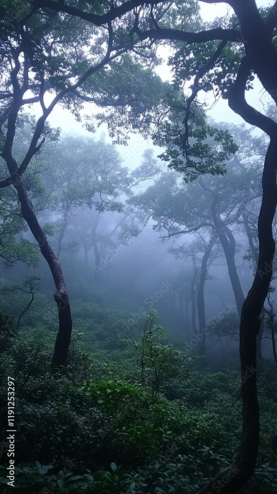 Poster mysterious fog enveloping a tranquil green forest, creating a serene and atmospheric scene
