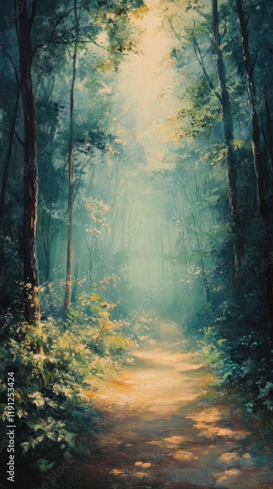 Poster magical sunbeams illuminate a misty path winding through a lush, tranquil forest, creating an ethere