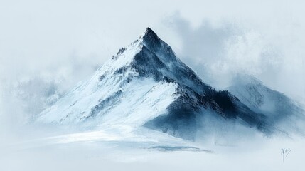 Majestic snowy mountain peak rising above a misty winter landscape, creating a serene and awe-inspiring scene