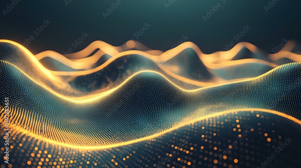 Poster radiant data waves with glowing peaks and flowing curves, forming a smooth and futuristic abstract c