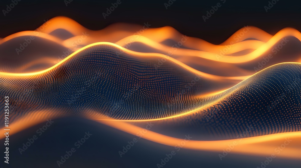 Poster radiant data waves with glowing peaks and flowing curves, forming a smooth and futuristic abstract c