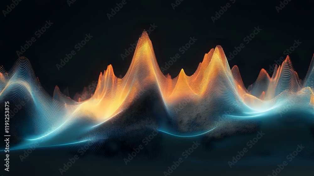 Poster radiant data-inspired waveforms with dynamic glowing peaks and smooth color transitions, forming a s