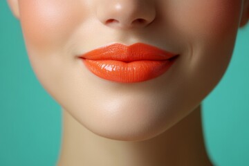 Fototapeta premium Smiling woman showcasing glossy orange lipstick and flawless makeup against a vibrant turquoise backdrop