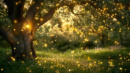 Obraz premium Enchanting Firefly Lit Tree And Grassland Scene
