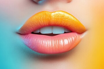 Fototapeta premium Closeup of beautiful female lips showing colorful ombre gradient lips makeup