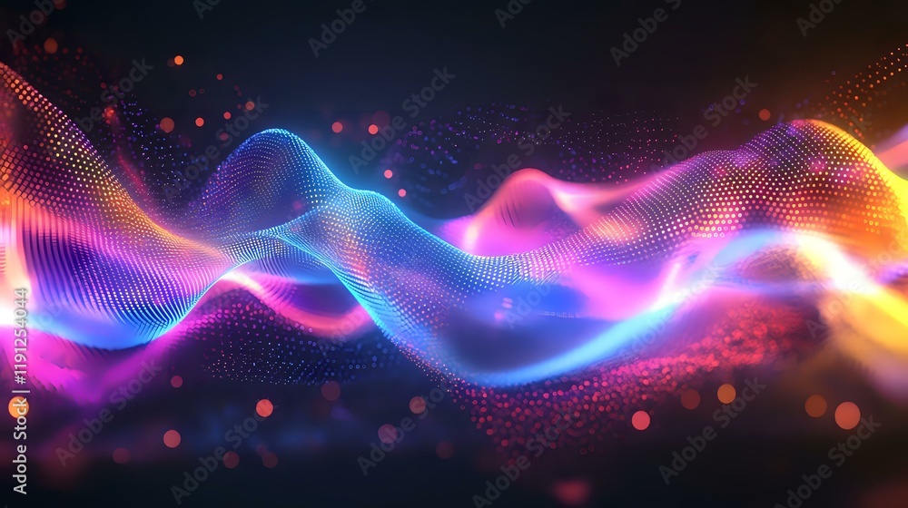 Poster radiant waveforms with glowing peaks flowing seamlessly in an abstract pattern, featuring vibrant hu