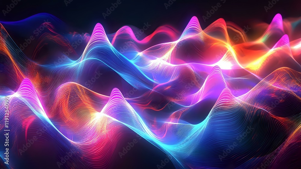 Poster radiant waveforms with glowing peaks flowing seamlessly in an abstract pattern, featuring vibrant hu