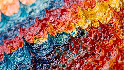 Vibrant close up of textured oil painting with dynamic brushstrokes and glossy finish catching the light