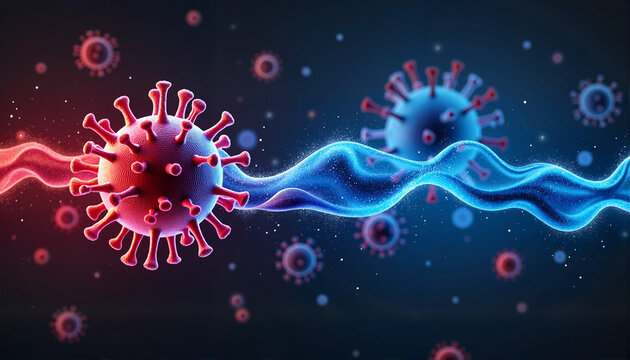 Virus illustration with colorful waves on dark background, flu theme