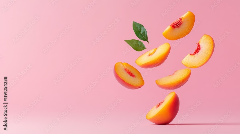 Poster Several peach slices with leaves are levitating on a vibrant pink background, creating a visually appealing and refreshing scene with copy space