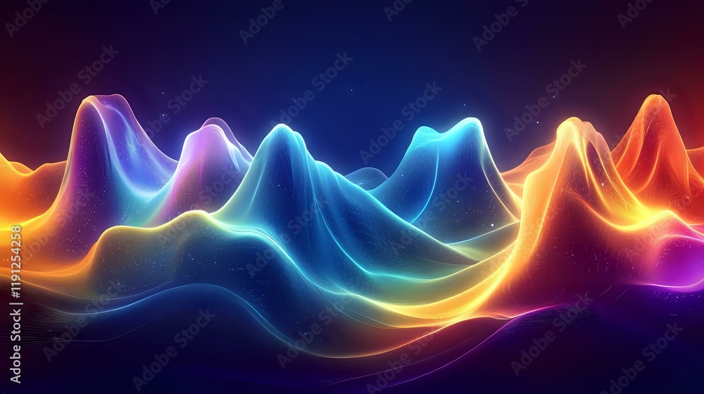 Poster vibrant glowing wave peaks in a seamless abstract flow, creating an illuminated and futuristic digit