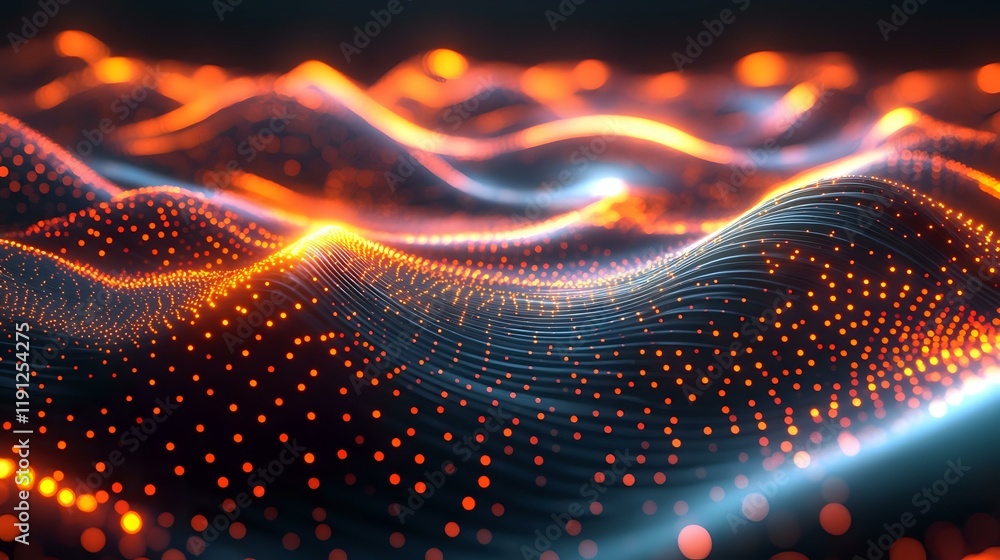 Poster vibrant illuminated waveforms with glowing peaks in a seamless abstract flow, forming a futuristic a