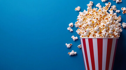 delicious buttery popcorn spilling from a red and white striped cinema bucket on a blue background for a movie night snack photography