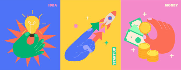 Set of bright posters idea, startup, money. Infographic new business. Concept for business,creating or investing in start up. Profit from venture investments.Vector for web, banner,flyer,social media.