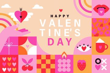 Valentines Day poster,flyer for holiday. Romantic minimalist design banner with symbols of love in modern trendy geometric style. Template for web,social media,cover, sale promotion templates.Vector